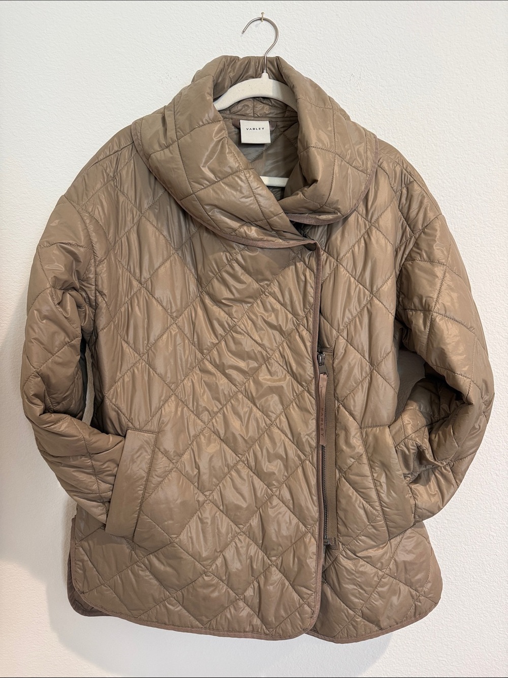 Varley Quilted Taupe Puffer Jacket with Funnel Collar